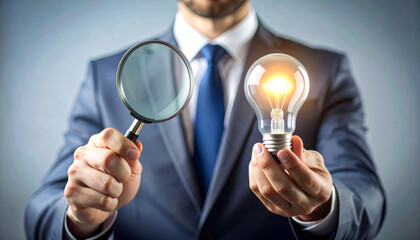 Businessman holding magnifying glass and glowing lightbulb, symbolizing idea, innovation, creativity, and inspiration in professional setting, with focus on discovery and insight
