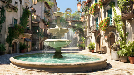 3d Cartoon of a classic fountain in the center city