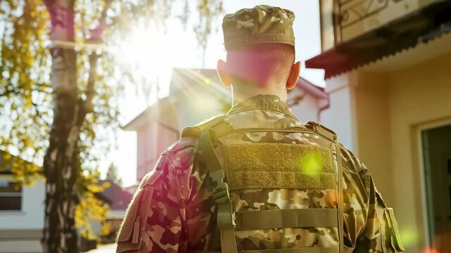 Soldier standing in front of house and looking on it, rear view. Military mortgages for armed forces, real estate concept. Veteran come home