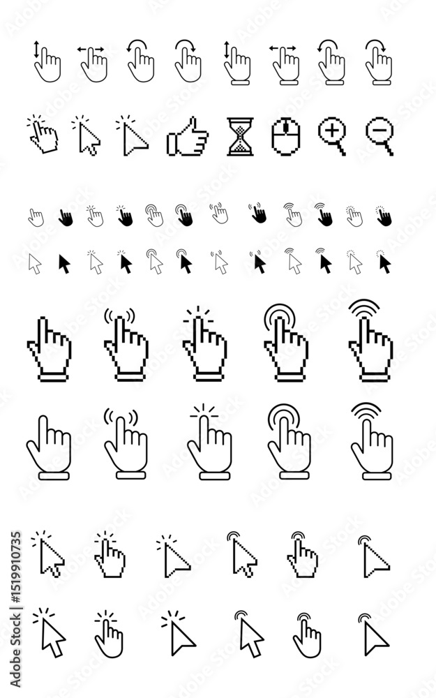 Poster Pointer cursor сomputer mouse icon. Clicking cursor, pointing hand clicks icons. Click cursor. Vector Illustration.