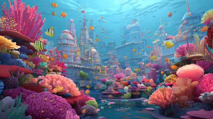 3d Cartoon of a colorful coral reef city underwater