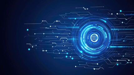 Futuristic blue digital technology interface with glowing circuits and central processing unit