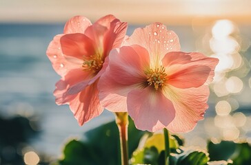 Naklejka premium A close-up of two delicate pink begonia flowers, with the sea in the background.