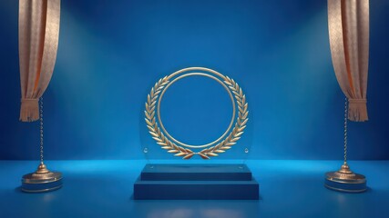 Elegant presentation stage, featuring blue backdrop and gold accents, creates a sense of prestige and importance