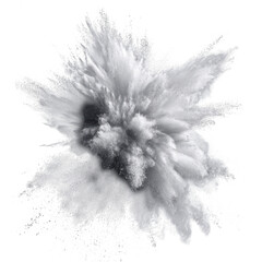 Dynamic gray powder splash creates airy dust impact, showcasing photorealistic explosion effect against transparency background. This captures essence of movement and energy
