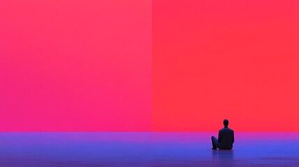 Digital minimalism illustrated a figure sitting calmly in a clean data void