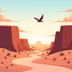Fototapete An illustrated desert landscape at sunset, featuring a majestic eagle soaring above a winding river through towering red rock canyons.  © rabia