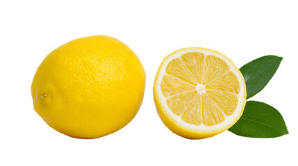a lemon and a half cut lemon with leaves