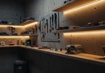 Innovative concrete 3d printing workshop with tools and equipment on illuminated wooden shelves