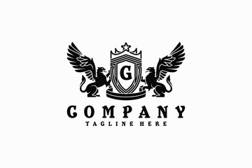 Obraz premium Vector design of two modern classic heraldic griffin logo holding a shield symbol letter G