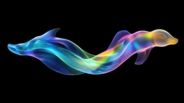 Two iridescent dolphins, flowing seamlessly, merge into a single, vibrant, abstract form against a black backdrop