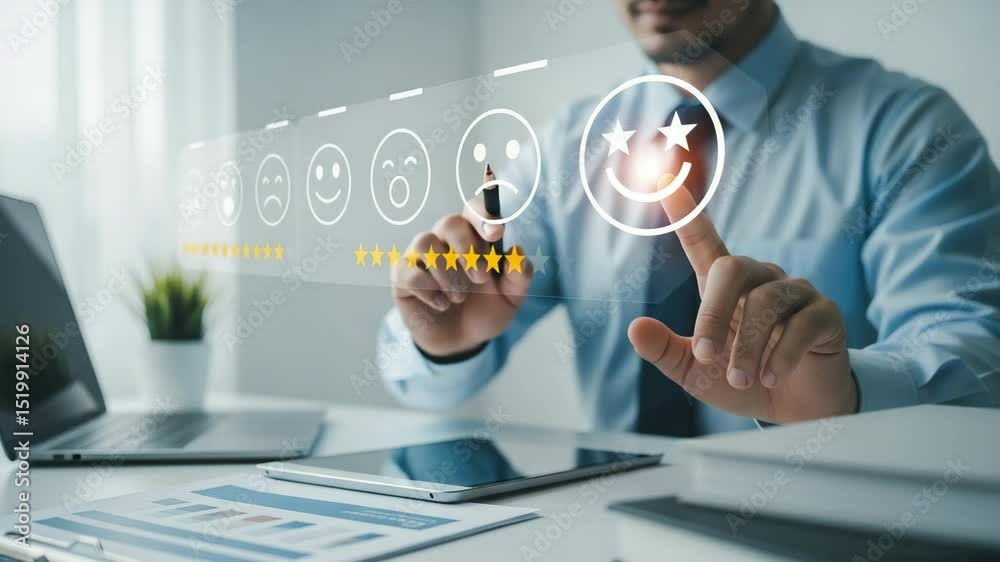 Poster Man selecting smiling face icon on virtual interface with laptop and documents on desk in office