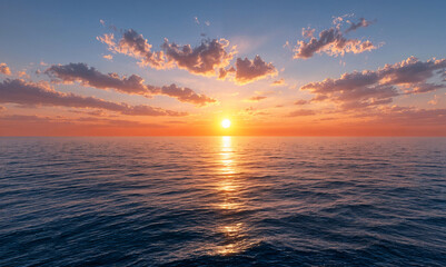 Obraz premium Fiery sunset sky meeting the calm sea at the horizon, casting warm colors across rippling water in a peaceful beach landscape