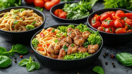 Diverse bowls of pasta dishes, including Italian and Asian-inspired meals