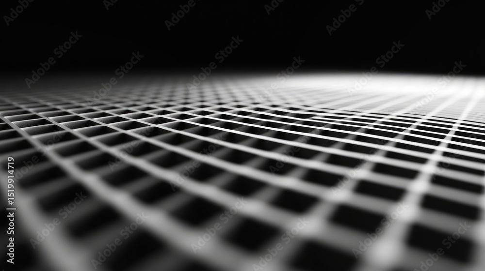 Poster abstract grayscale image of a warped grid pattern, creating a sense of depth and perspective