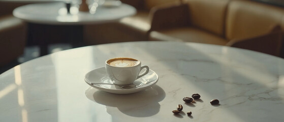 Heart-shaped latte art in a white cup, coffee beans scattered on a marble table