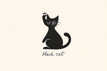 Minimalist black cat illustration with raised paw, playful feline silhouette on beige background, cute hand drawn cartoon pet animal sketch, elegant vector mascot for logo, design, art, tattoo inspira