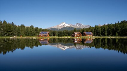 Obraz premium Eco friendly cabins reflecting in a calm mountain lake