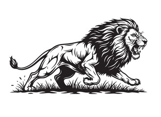 Powerful black and white vector illustration of a roaring lion in mid-run with sharp mane and muscles. Perfect for logos, prints, and fierce designs. Wildlife Animals.