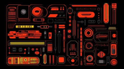 Futuristic red and black tech panel with various components and interfaces