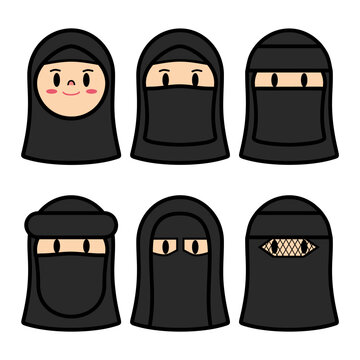 Set Cute Cartoon Illustrations of Women Muslim Faces Wearing Various Styles of Niqab and Hijab