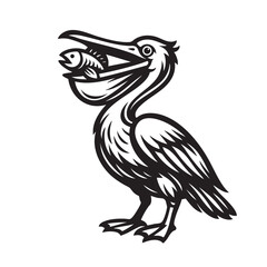 Fototapeta premium Black and white vector of a spot-billed pelican catching a fish in its beak. Fun, detailed design perfect for wildlife logos, prints, and aquatic themes. Bird.