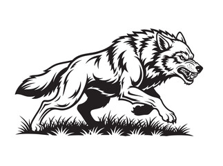 Intense black and white vector of a snarling wolf in mid-stride, baring teeth and claws. Powerful and wild, perfect for tattoos, logos, or outdoor designs. Animal.