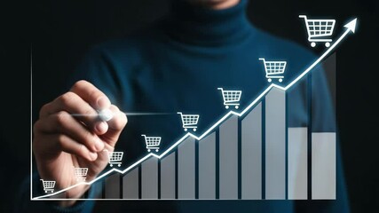 Person drawing upward trending graph with shopping cart icons in a dark blue background scene