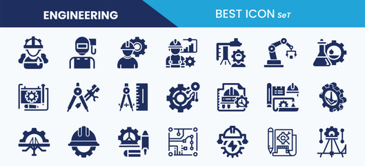 Obraz premium Best engineering icon set collection. Worker, prototyping, planning, chemical, architect, blueprint and vector illustration