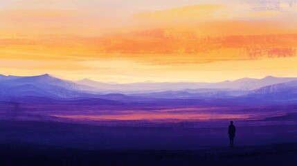 Man walks sunset field, mountains
