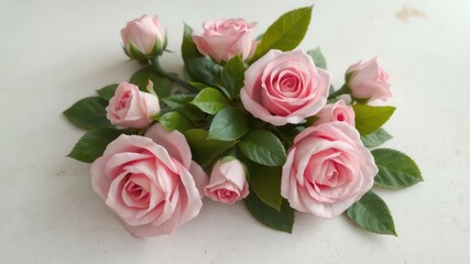 Obraz premium Delicate collection of tender pink roses surrounded by lush green leaves arranged on a neutral textured surface, conveying elegance