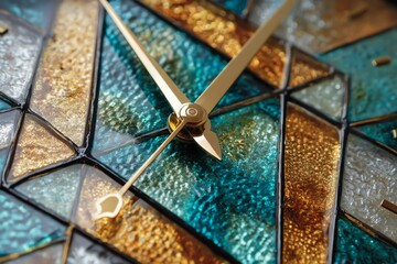 art deco stained glass clock with geometric symmetry, gold and teal color scheme, elegant glass texture