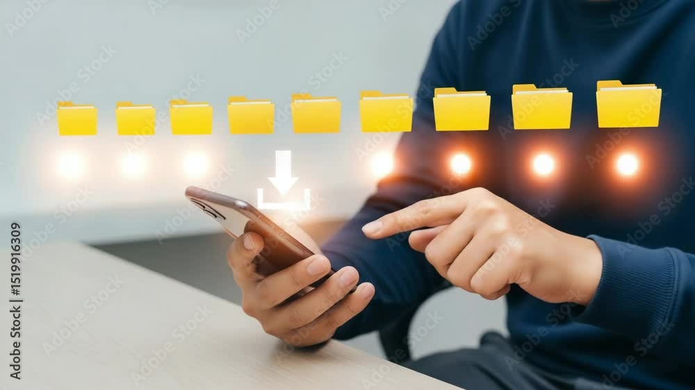 Poster person using smartphone with digital folders and download icon hovering above the device screen