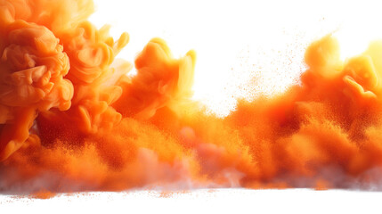 Fiery orange pigment explosion isolated on transparent PNG. . Swirling clouds of dust and motion. Perfect for energetic compositions, festive backdrops, and creative visual effects.

