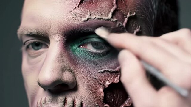 Makeup artist applying special effects zombie makeup on a man's face.