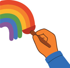 Hand painted rainbow illustration, hand in blue sleeve holding brush drawing