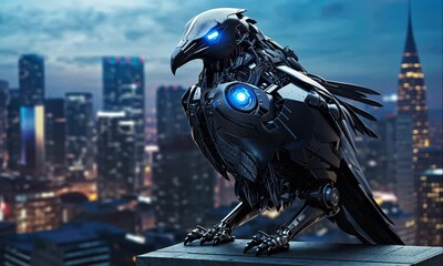 Futuristic robotic raven in front of a vibrant urban skyline animation