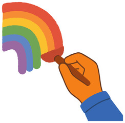 Hand painted rainbow ilsticker lustration, hand in blue sleeve holding brush drawing 