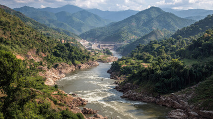 Stunning view of Mekong River, showcasing lush green mountains and hydroelectric dam in background, symbolizing energy and nature beauty