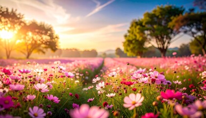 Obraz premium A Beautiful Field of Cosmos Flowers in the Sunshine