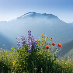 Vibrant wildflowers bloom in a lush meadow with majestic snow capped mountains in the background.