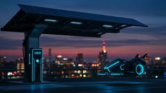 Futuristic electric vehicle hover car charges at a solar powered station in a modern city at night for clean energy transportation.