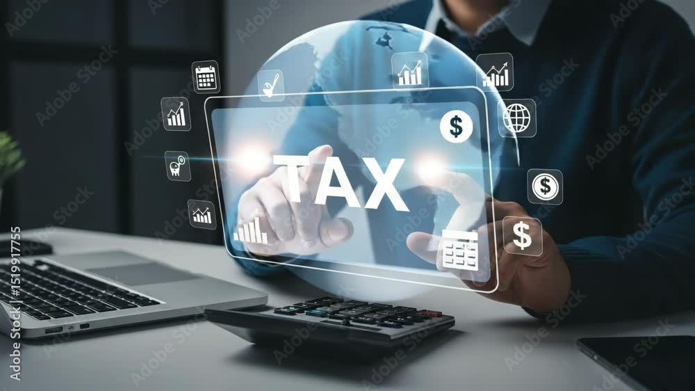 Aufkleber person using tax application on digital screen with laptop and calculator on the desk surface