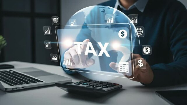 Person using tax application on digital screen with laptop and calculator on the desk surface