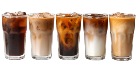  iced coffee in various shades and layers isolated on white background
