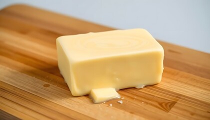 Delicious butter block on wooden board perfect for baking and cooking needs