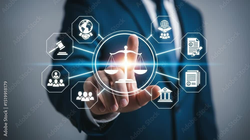 Poster Close up of a man in a suit touching a scale icon surrounded by law related icons on a screen
