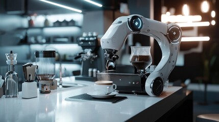 Fototapeta premium Futuristic Coffee Bar, Robotic Barista Brewing Perfection