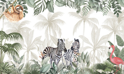 Minimalist Wildlife Mural: Gentle Animals in Soft Gray Tropical Forest Landscape © csinie1
