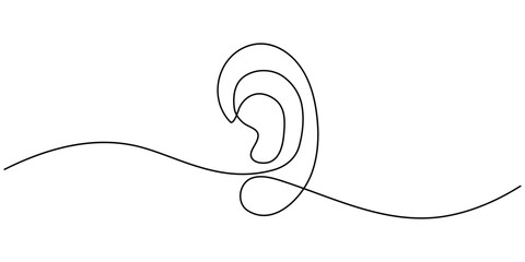 Ear one line drawing and isolated continuous outline vector illustration icon, Human ear continuous one line drawing. Single line editable vector drawing of the hearing part of the body. Concept